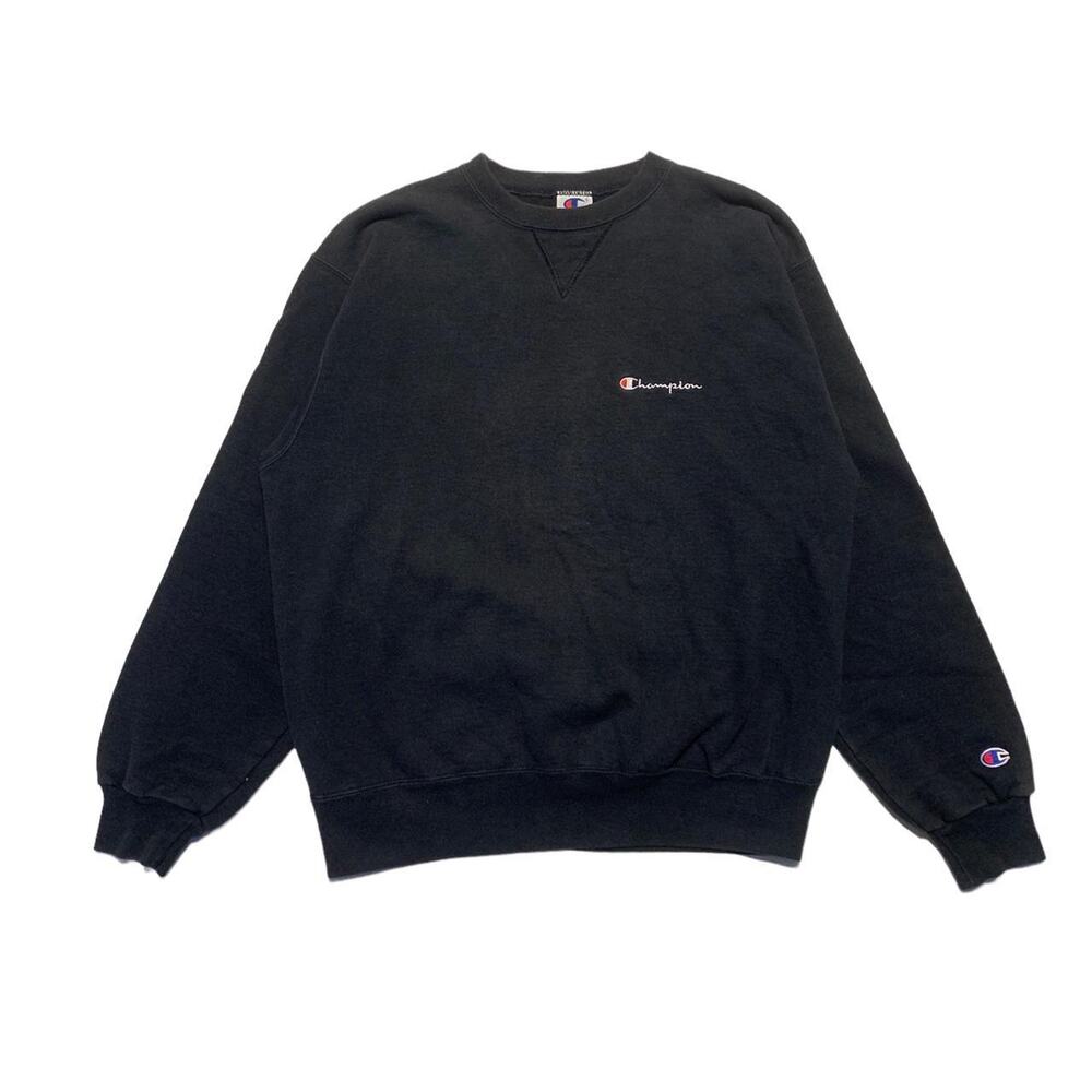 Champion 90s Vintage Reverse Weave Black Cotton Sweatshirt Pullover Large